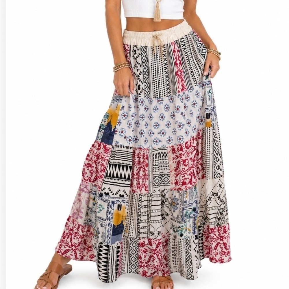 India Boutique Skirt Women One Size Small Multicolor Patchwork Rayon Maxi Boho
